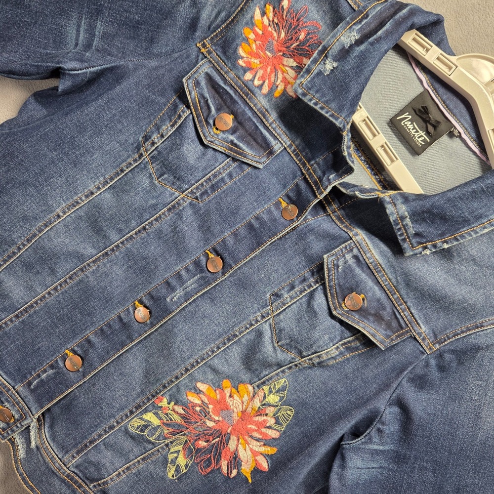Nanette Lepore Denim Jacket Large Blue Floral Embroidered Boho Jean Trucker Coat